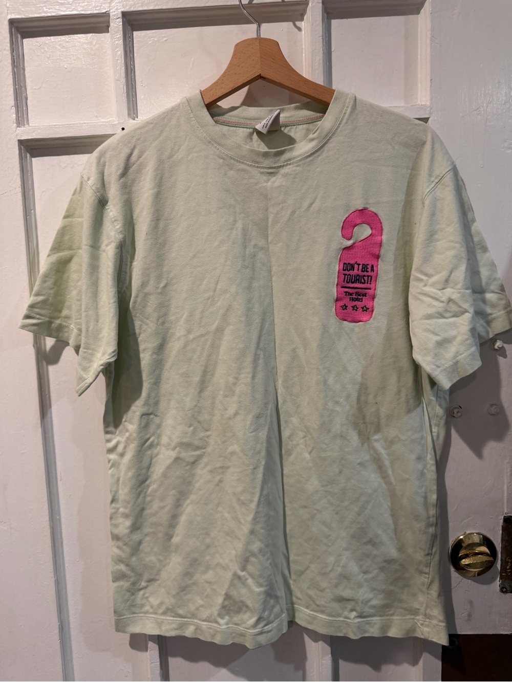 Men's Light Green Graphic Tee with Pink Door Hanger Detail